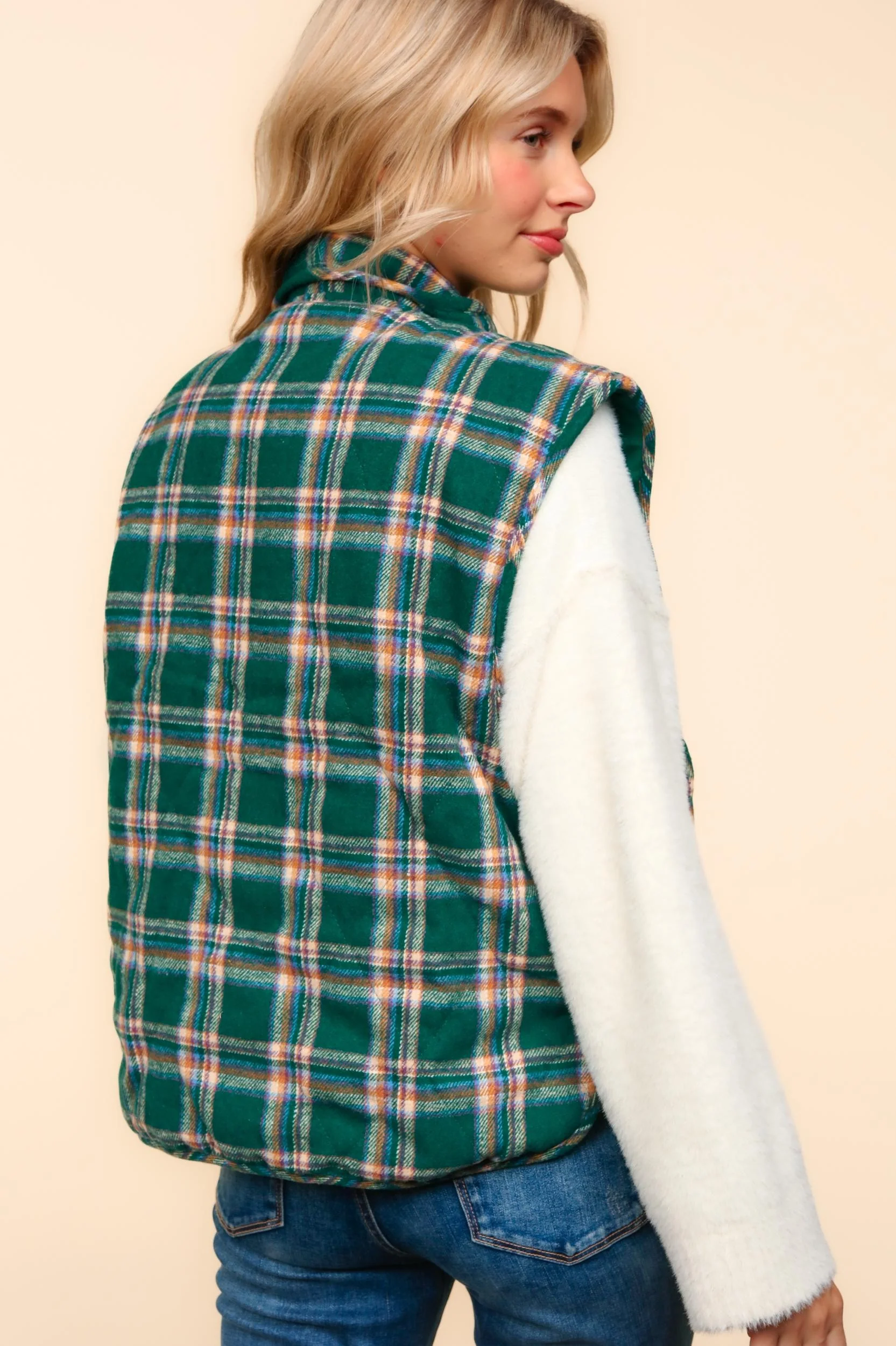 HIGH NECK SNAP BUTTON DOWN PLAID PUFFER VEST