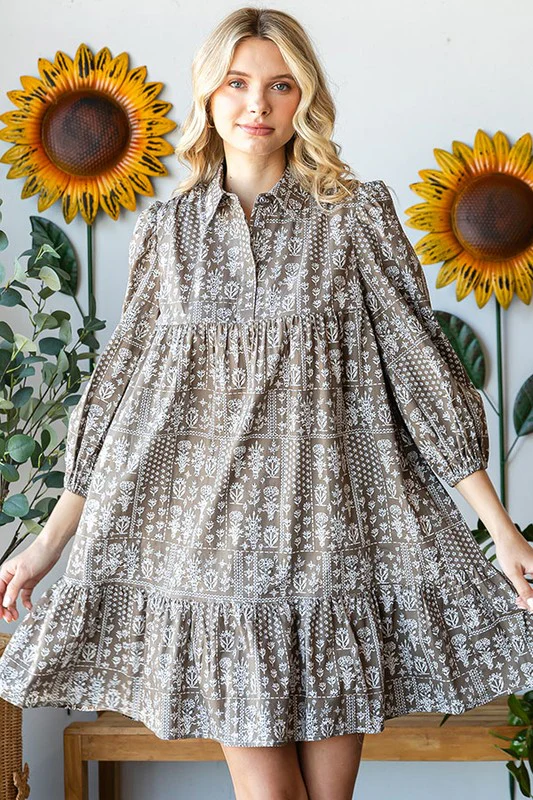 Off Olive Floral Design Woven Dress