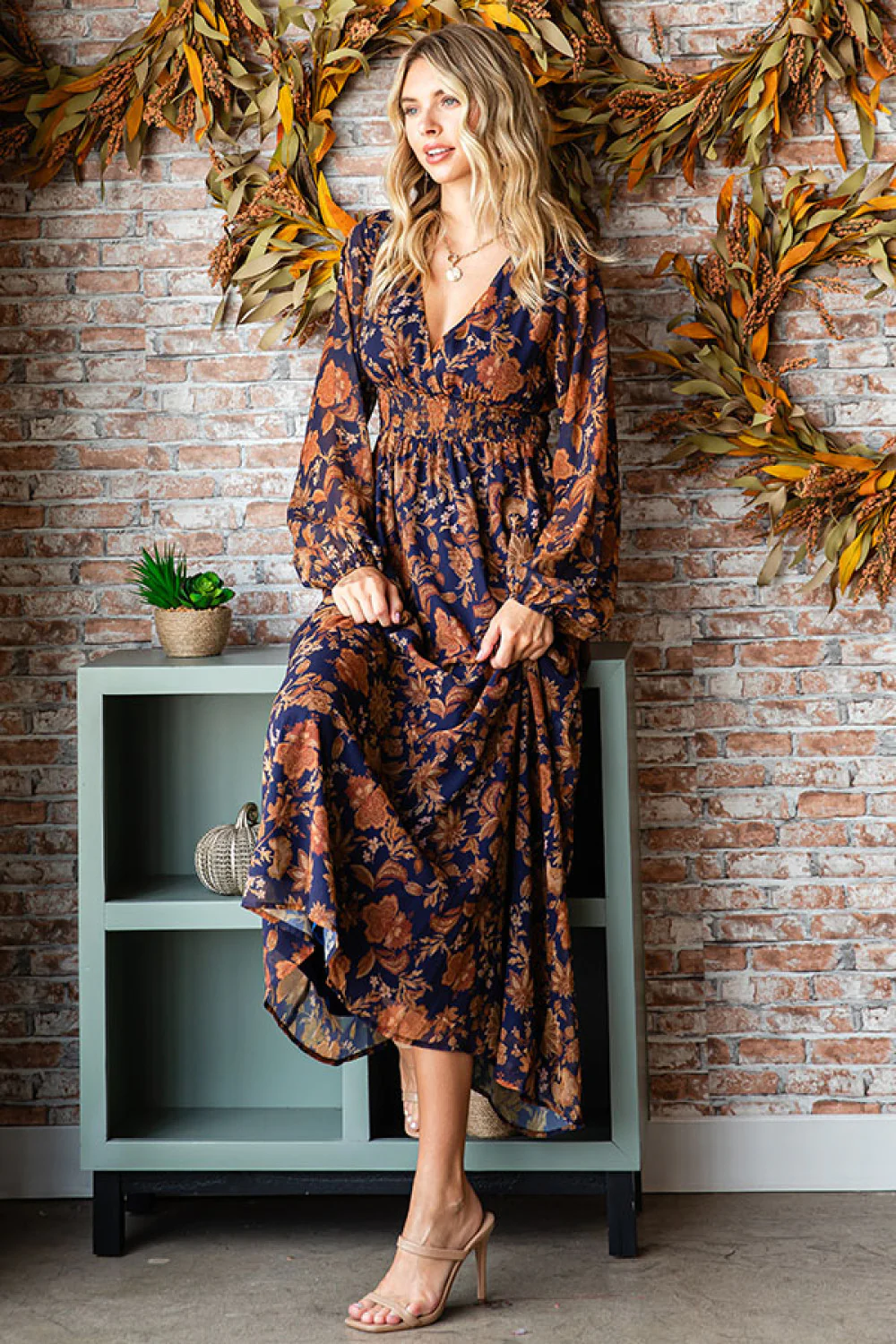 NAVY & GOLD WOVEN FLORAL DRESS