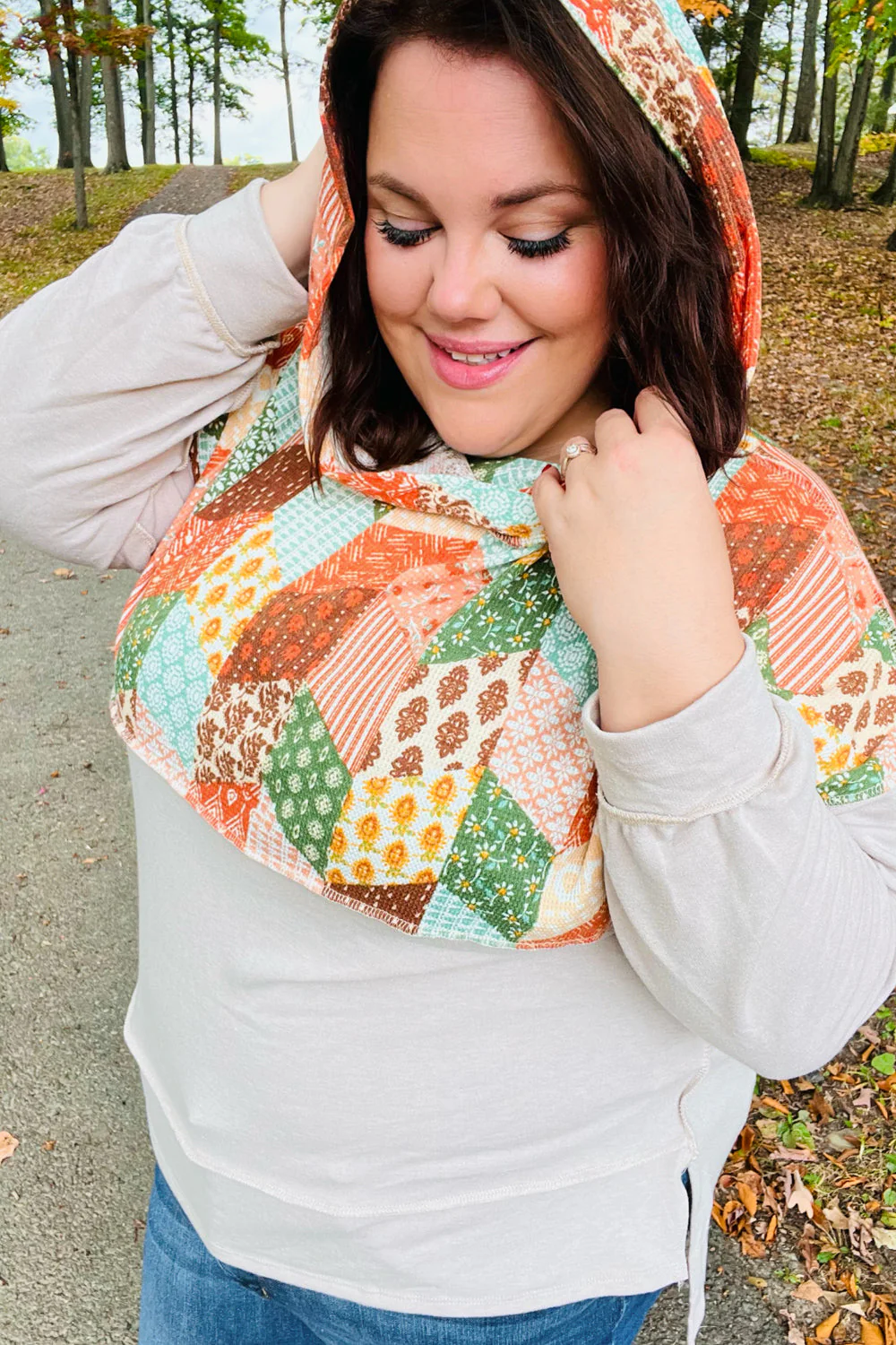 Rust & Olive Patchwork Print Yoke Hoodie Top (Open Pack)