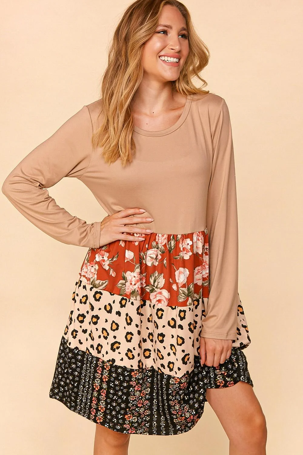 PLUS FLORAL & LEOPARD TIERED MIDI DRESS