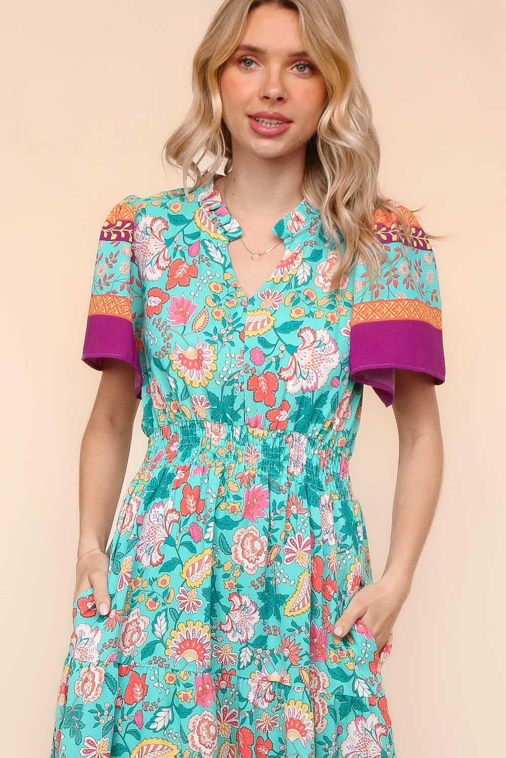 MAX FLORAL BORDER PRINT DRESS W/SIDE POCKETS