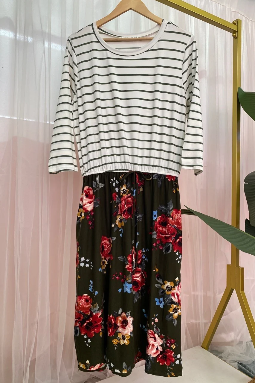 Plus Striped and floral contrasted knee length dress