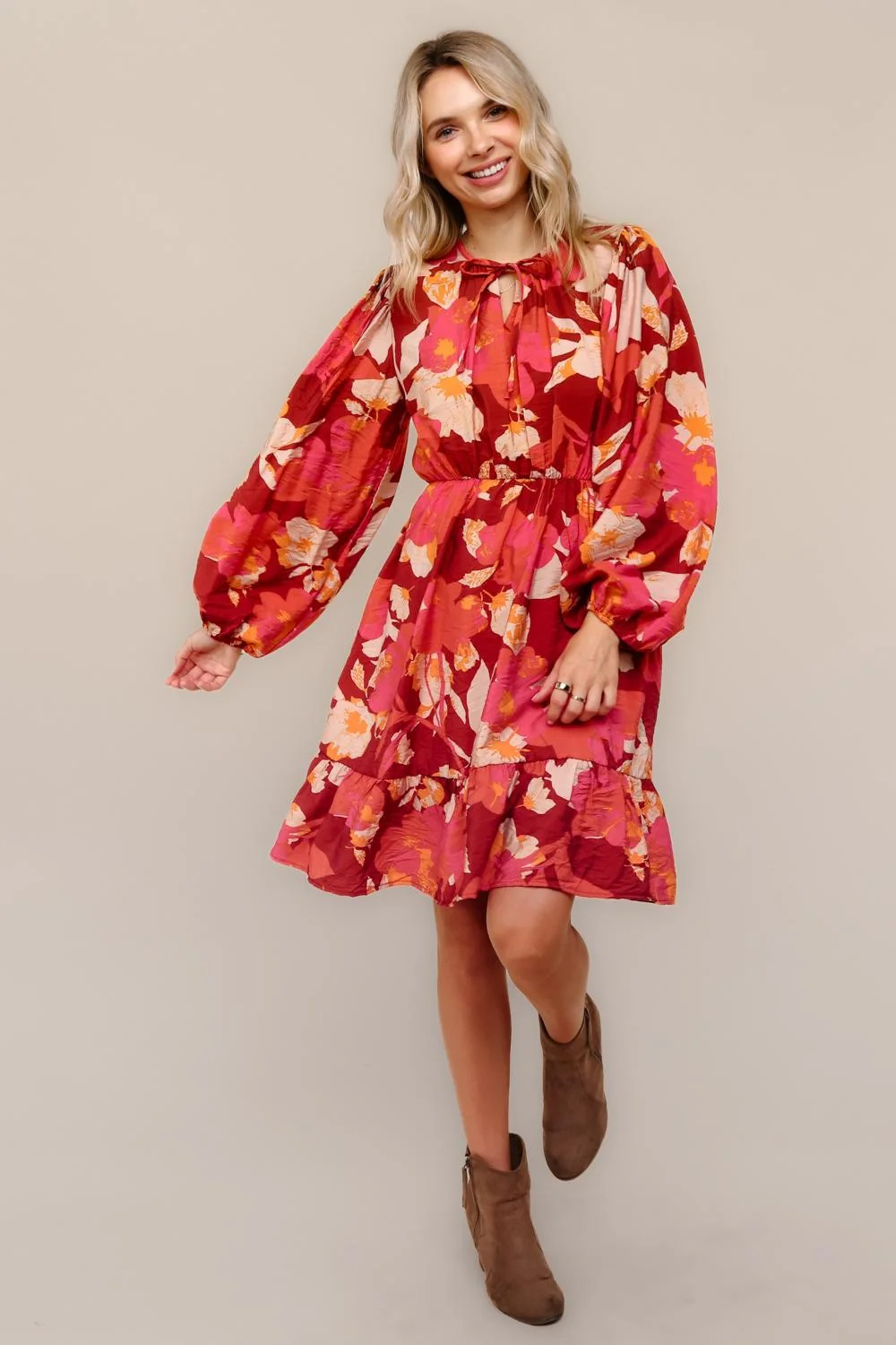 Plus Midi Floral Woven Dress W/Front Bow Tie