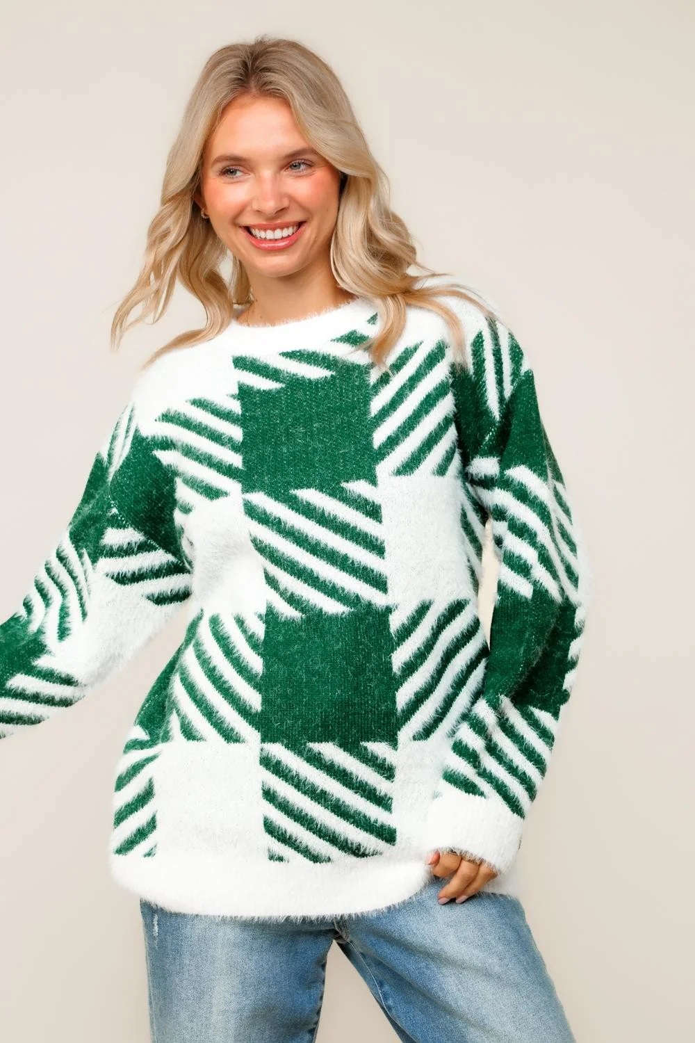 PLUS PLAID PATTERN JACQUARD SWEATER KNIT TOP