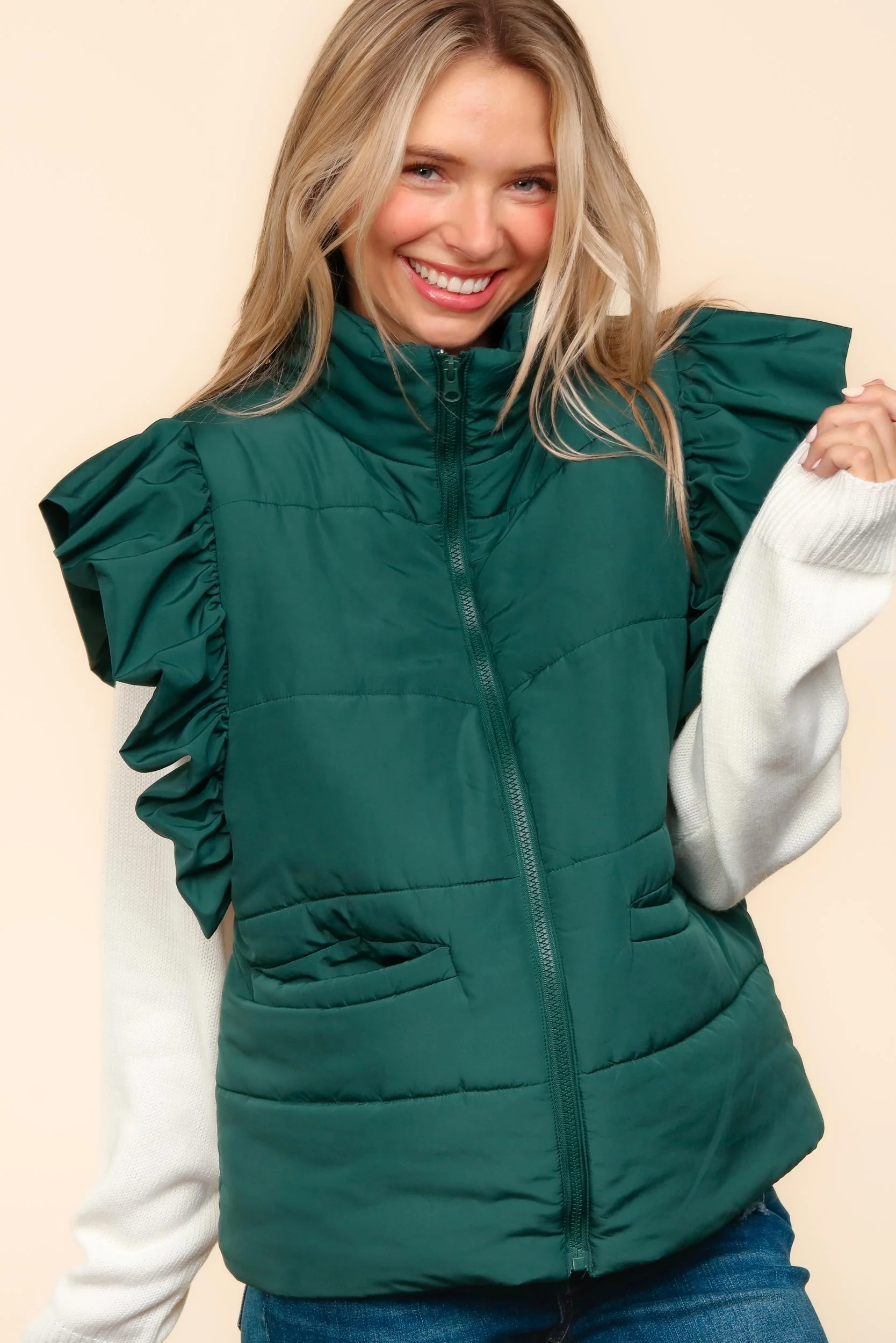 PLUS HIGH NECK ZIPPER UP RUFFLE SLEEVE PUFFER VEST