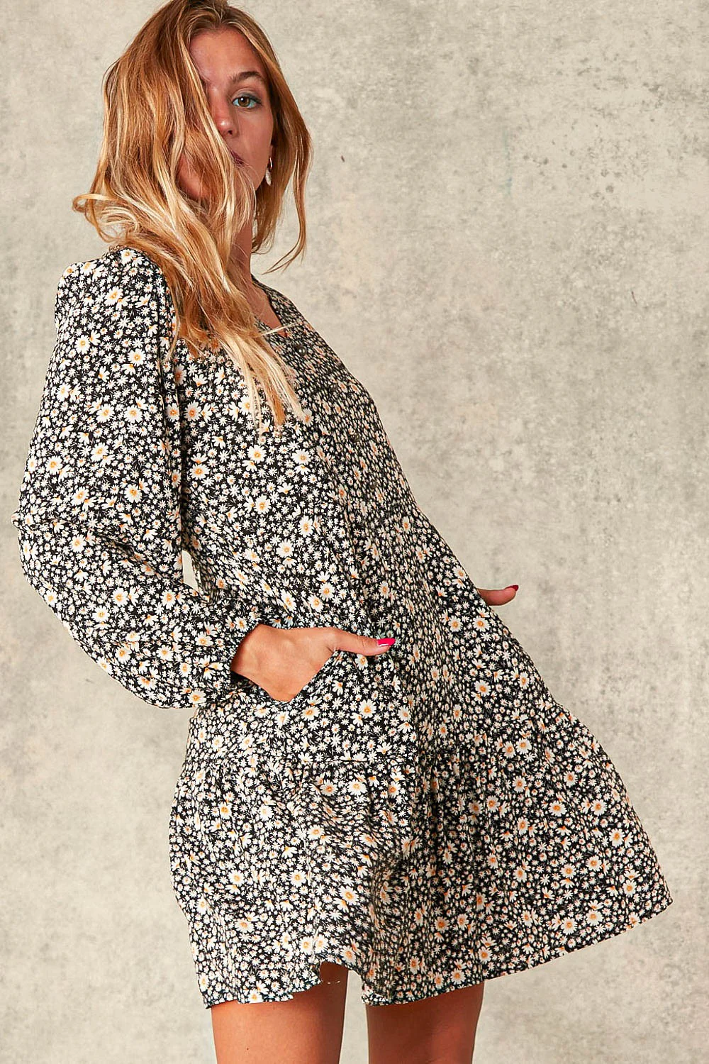 PLUS CHALLIS FLORAL V NECK BABYDOLL TIERED DRESS