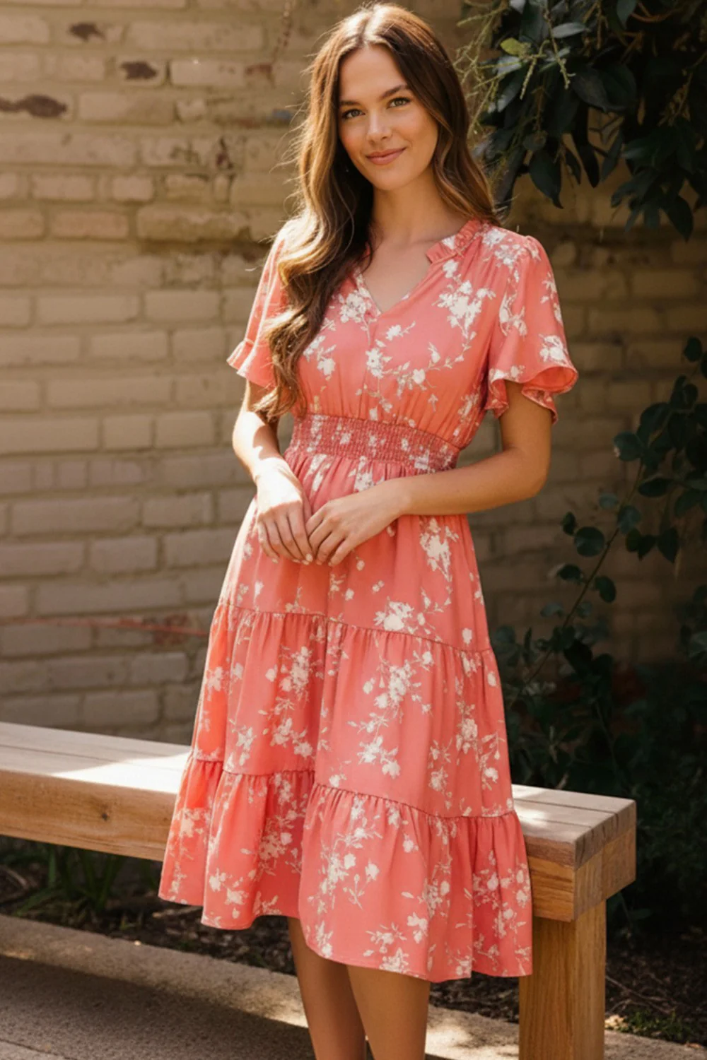 FRILLED NOTCH NECK SMOCKED WAIST FLORAL DRESS