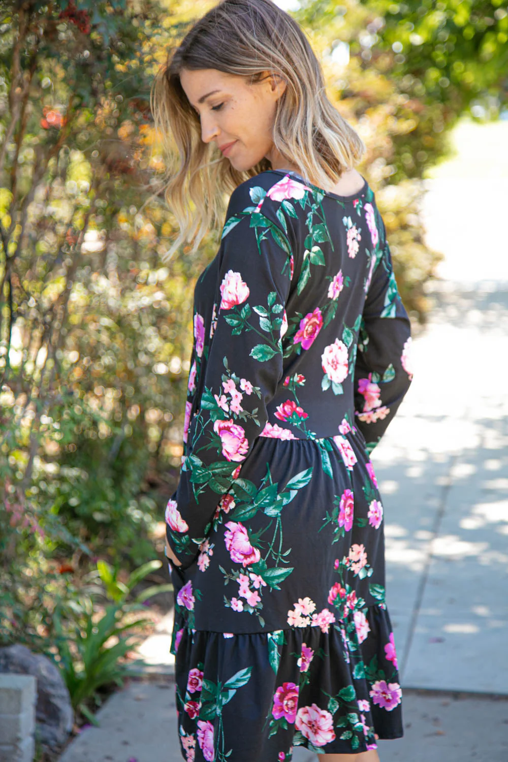 Plus Midnight Floral Tiered Babydoll Dress with Pockets