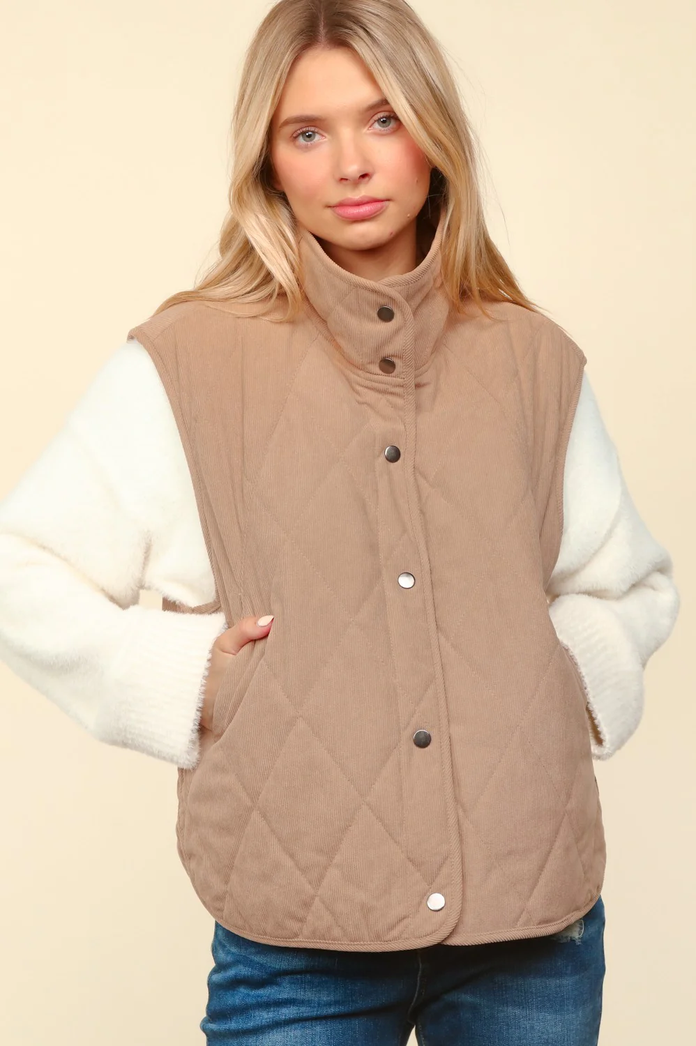 Taupe High Neck Sleeveless Snap Button Corduroy Vest