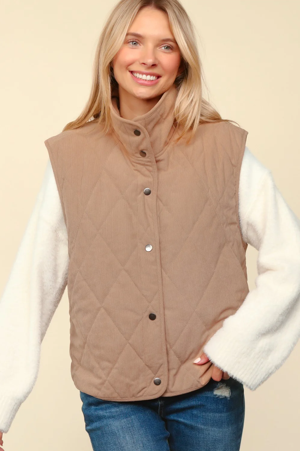 Taupe High Neck Sleeveless Snap Button Corduroy Vest