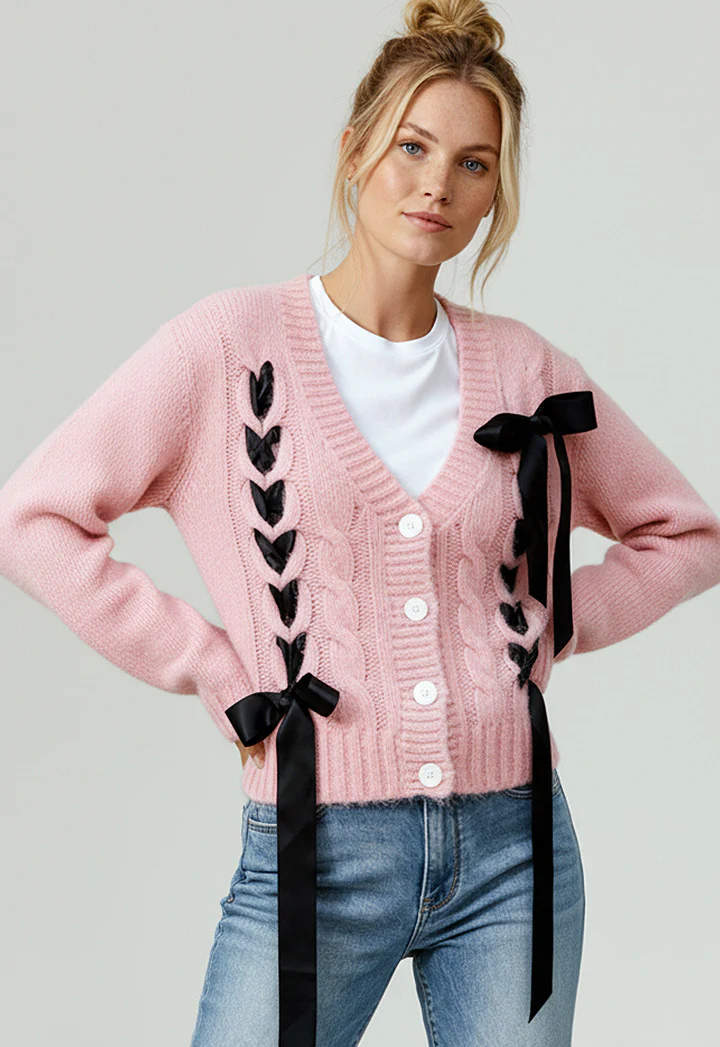 CABLE KNIT RIBBON BOW SWEATER CARDIGAN