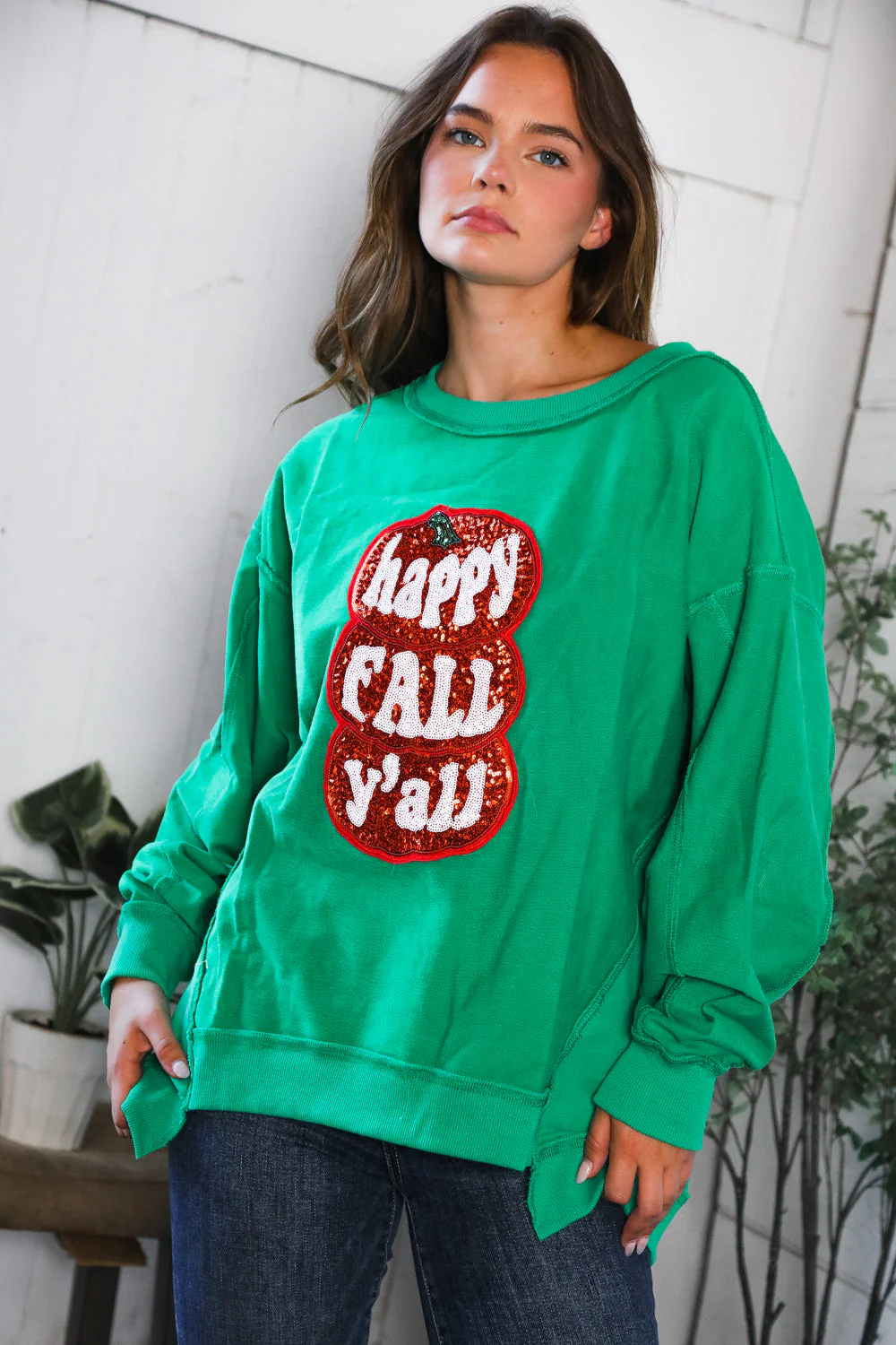 'Happy Fall Y'all' Kelly Green Sweater (Open Pack)