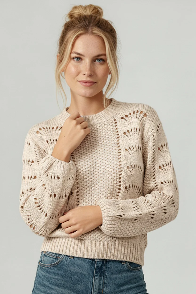 PLUS TAUPE SCALLOP CROCHET PULLOVER SWEATER