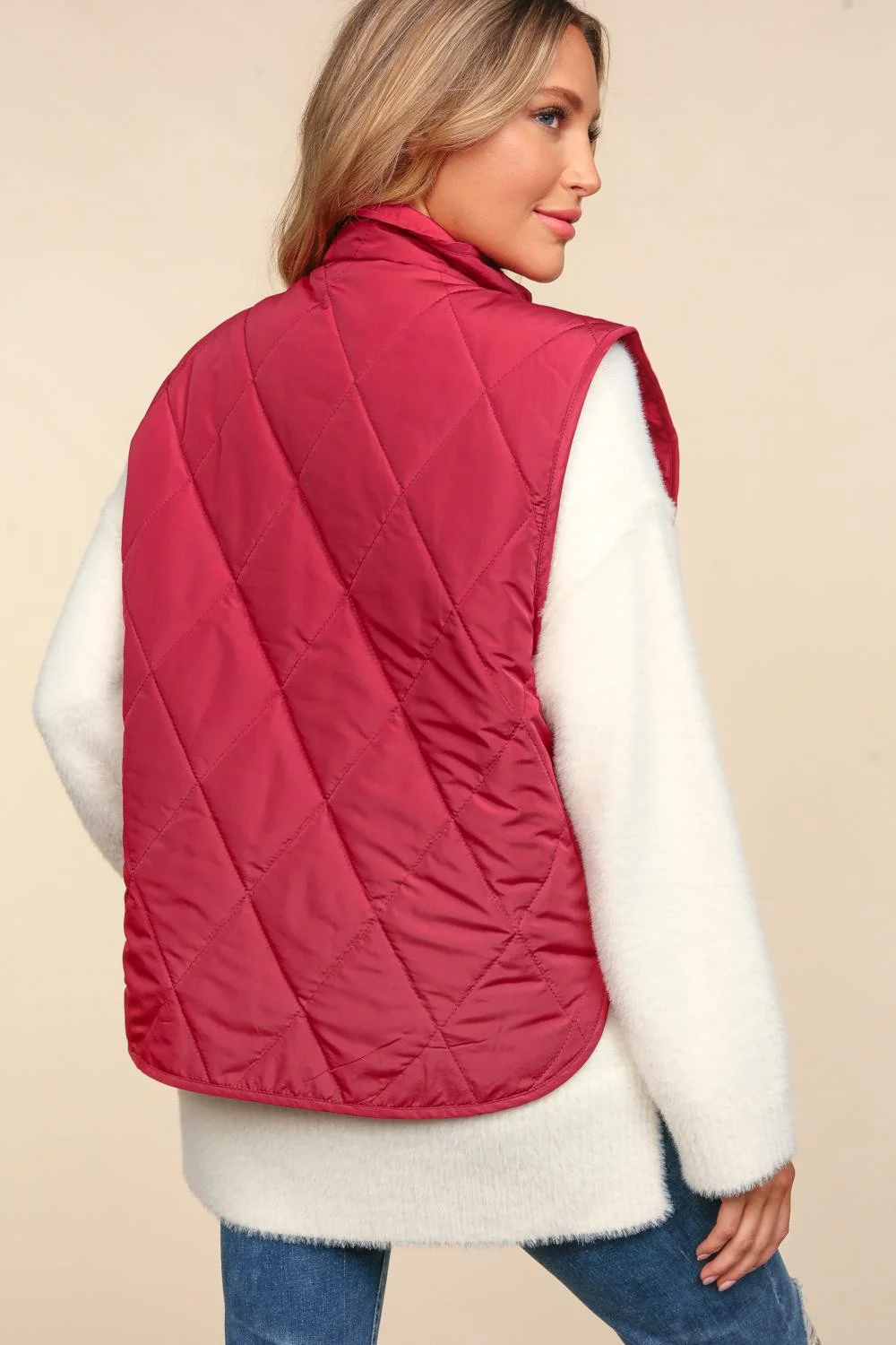 Burgundy Sleeveless Snap Button Quilted Puffer Vest