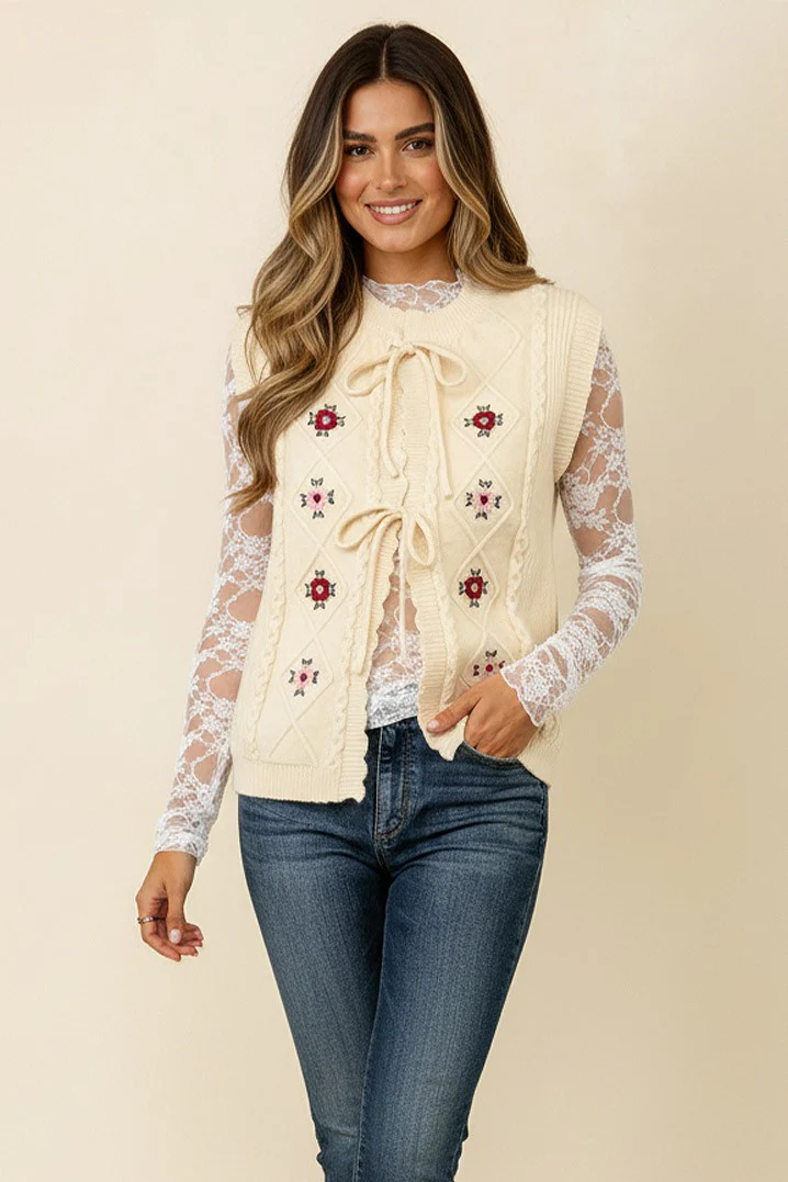PLUS FRONT BOW TIED EMBROIDERED SWEATER VEST