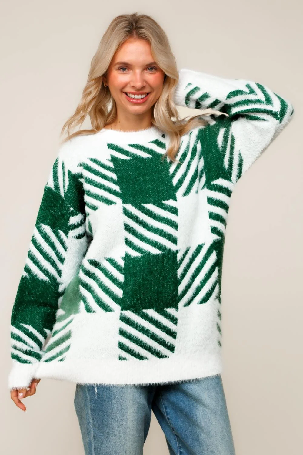 PLUS PLAID PATTERN JACQUARD SWEATER KNIT TOP