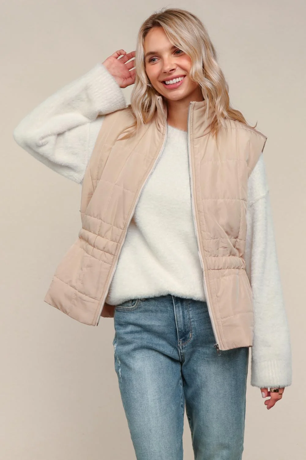 Plus Tan High Neck Zip Up Quilted Puffer Vest