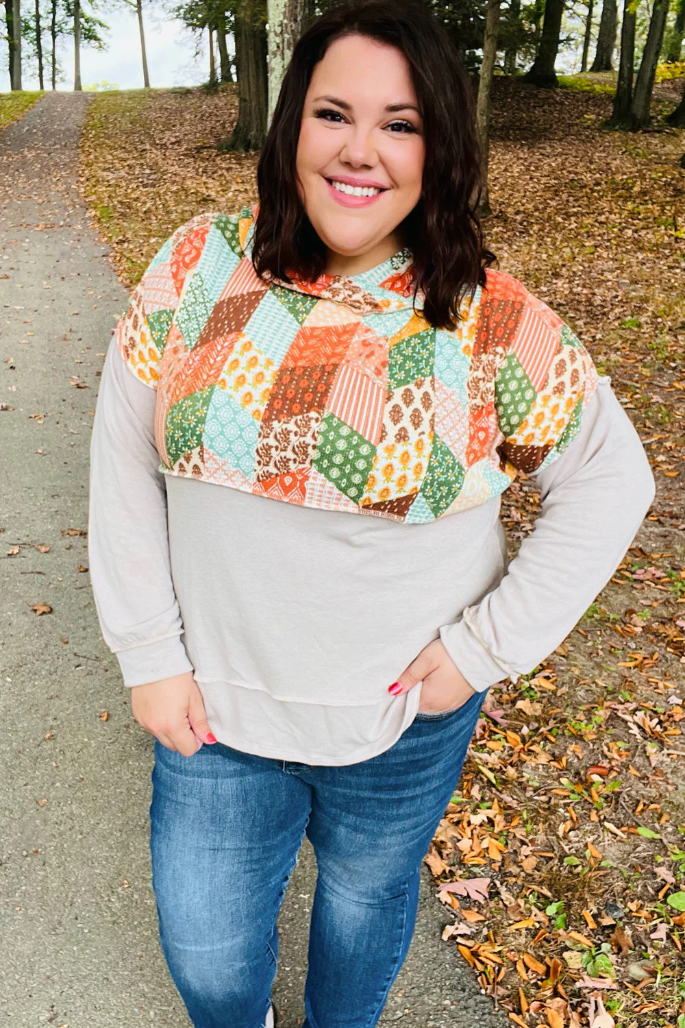 Rust & Olive Patchwork Print Yoke Hoodie Top (Open Pack)