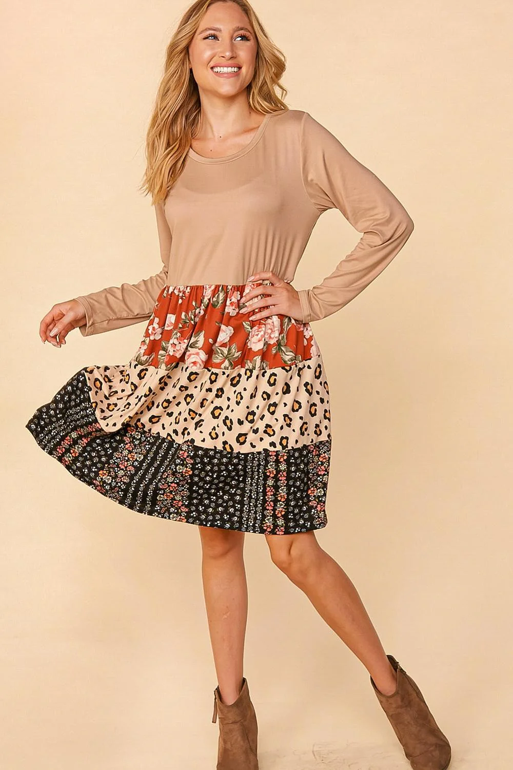 PLUS FLORAL & LEOPARD TIERED MIDI DRESS