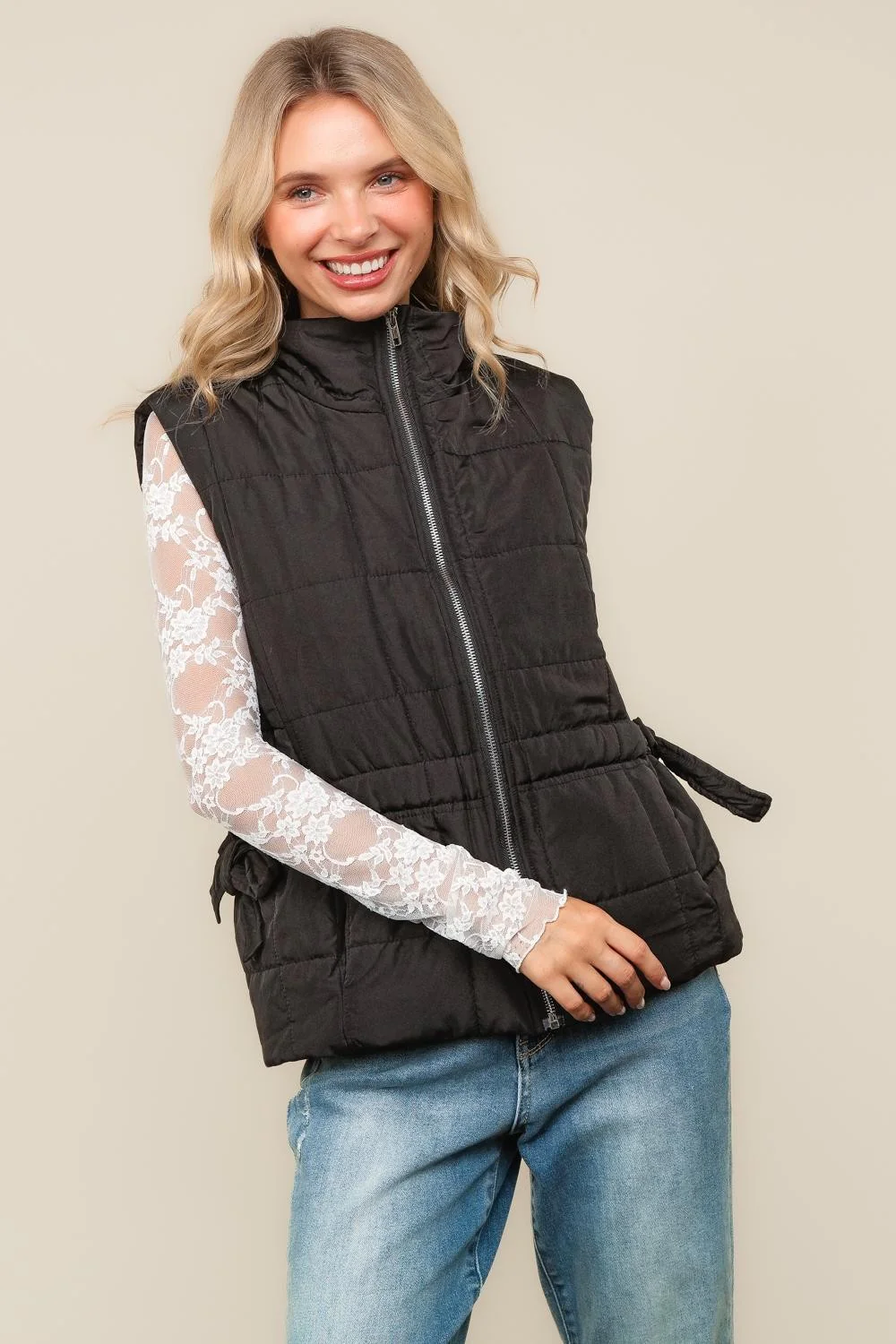 Black High Neck Zip Up Quilted Puffer Vest