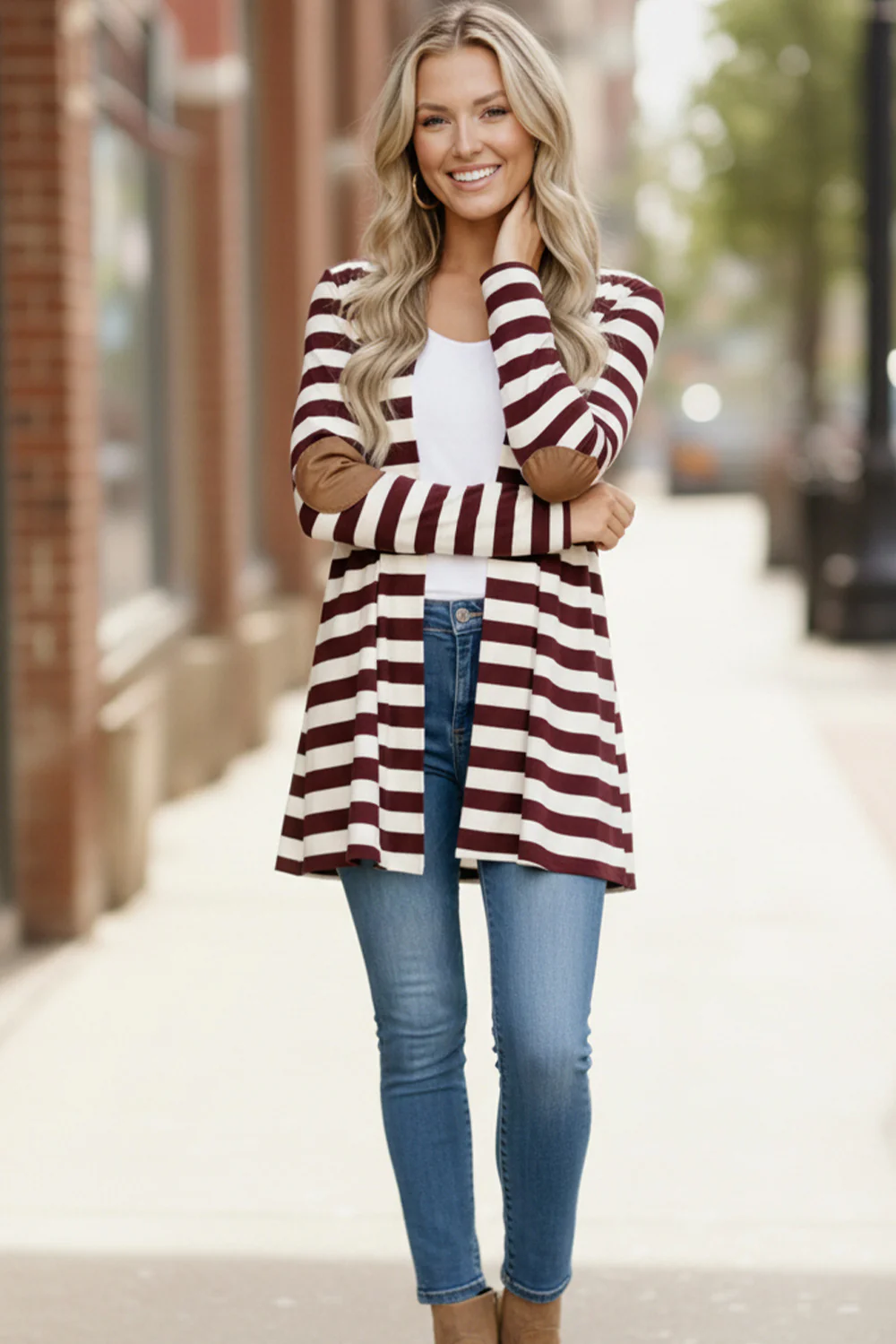 Plus Burgundy size open front striped cardigan with patches