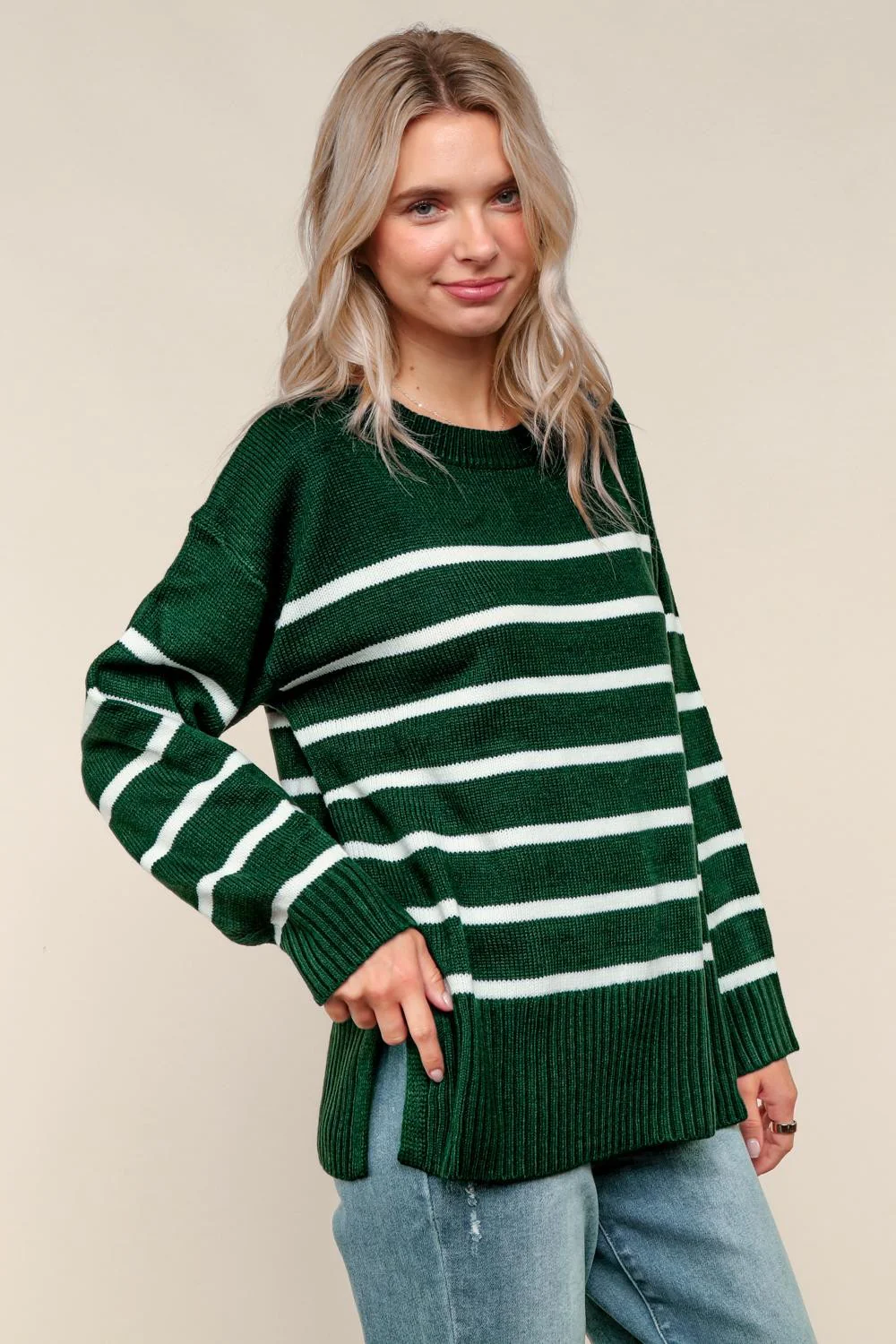 Hunter Green Loose Fit Pullover Stripe Sweater