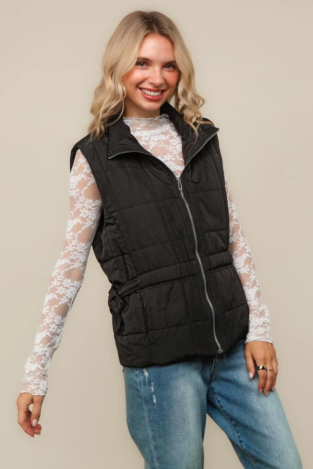 Black High Neck Zip Up Quilted Puffer Vest