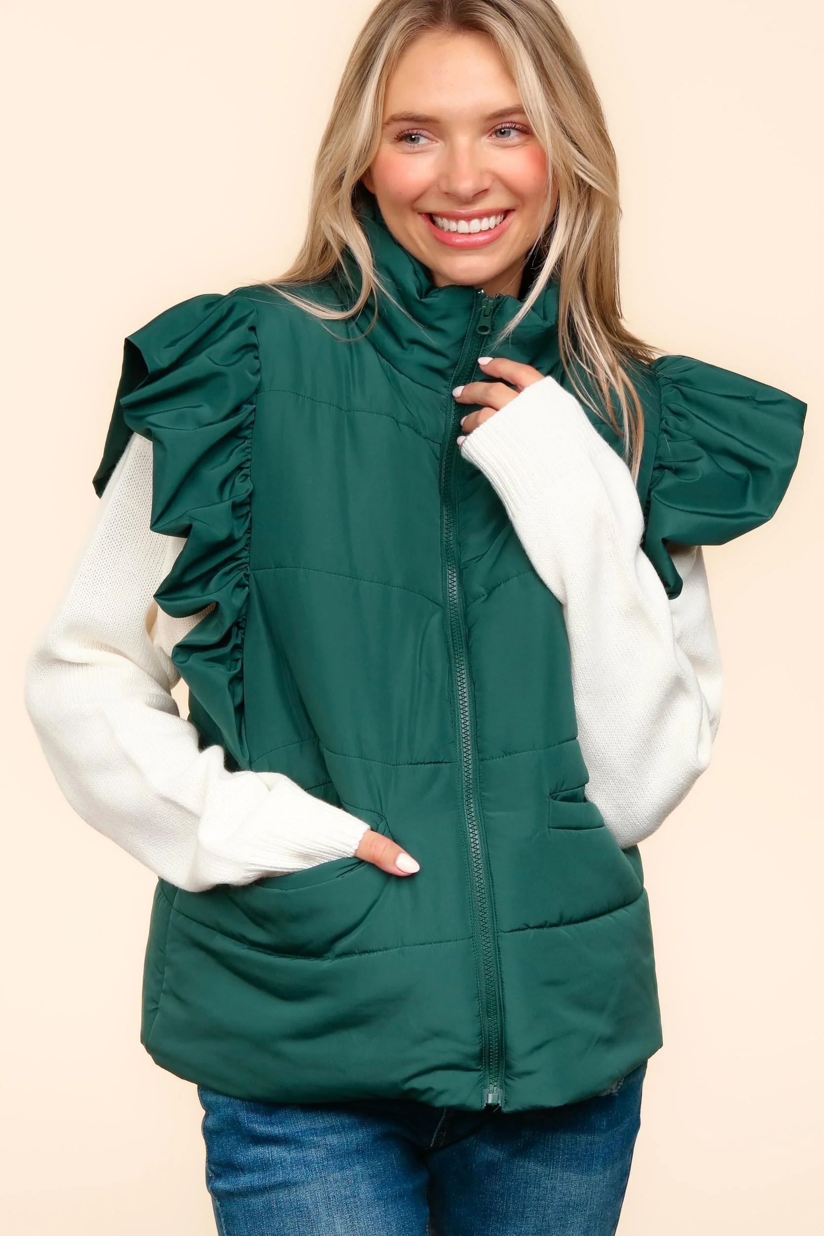 PLUS HIGH NECK ZIPPER UP RUFFLE SLEEVE PUFFER VEST