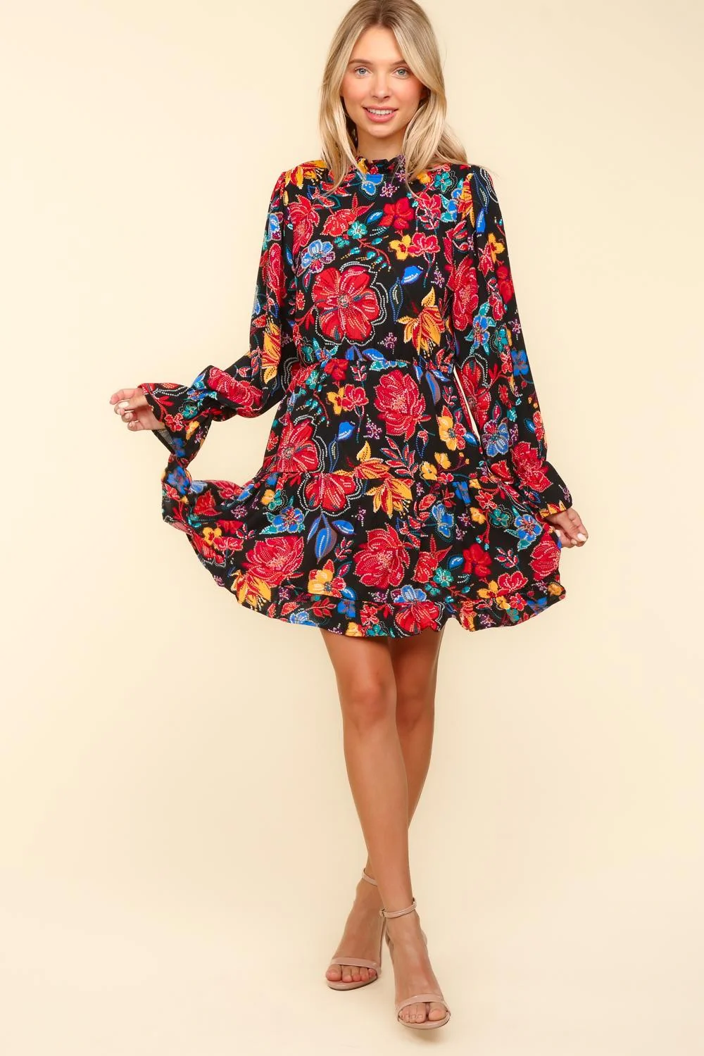 PLUS FLORAL MOCK NECK SEQUINS PRINT MINI DRESS