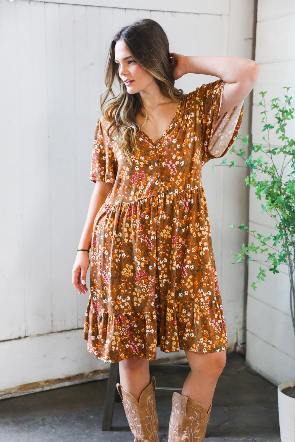 Plus Camel Floral Dress