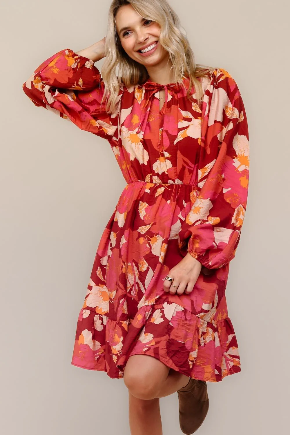 Plus Midi Floral Woven Dress W/Front Bow Tie