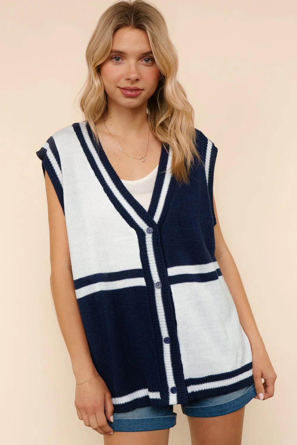 Plus Navy V Neck Button Down Color Block Sweater Vest