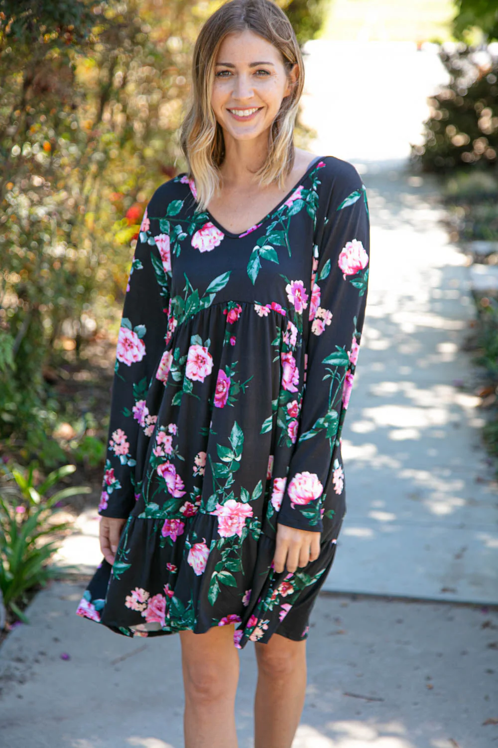 Plus Midnight Floral Tiered Babydoll Dress with Pockets