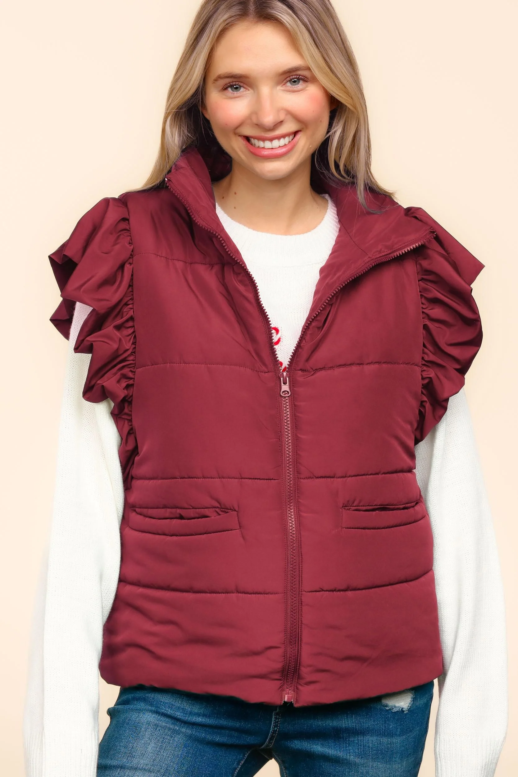 PLUS HIGH NECK ZIPPER UP RUFFLE SLEEVE PUFFER VEST