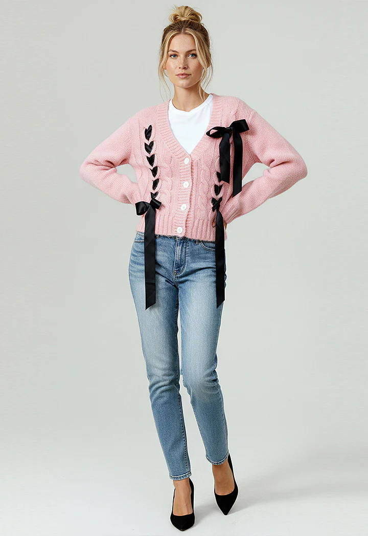 CABLE KNIT RIBBON BOW SWEATER CARDIGAN