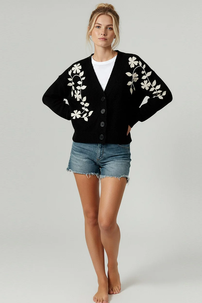 BUTTON DOWN EMBROIDERED FLORAL SWEATER CARDIGAN