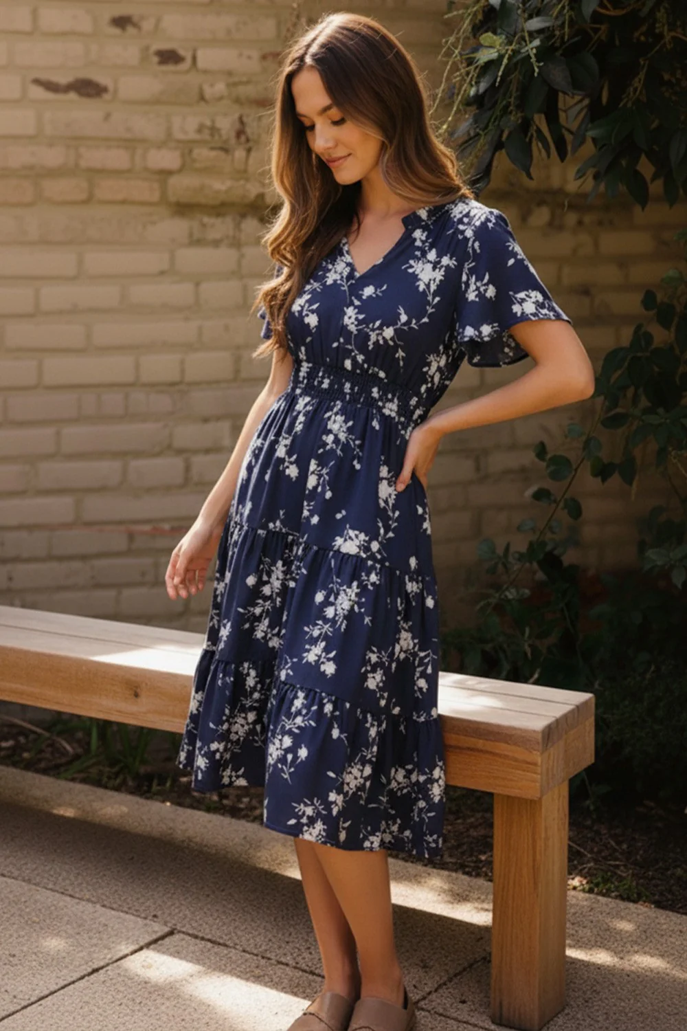 FRILLED NOTCH NECK SMOCKED WAIST FLORAL DRESS