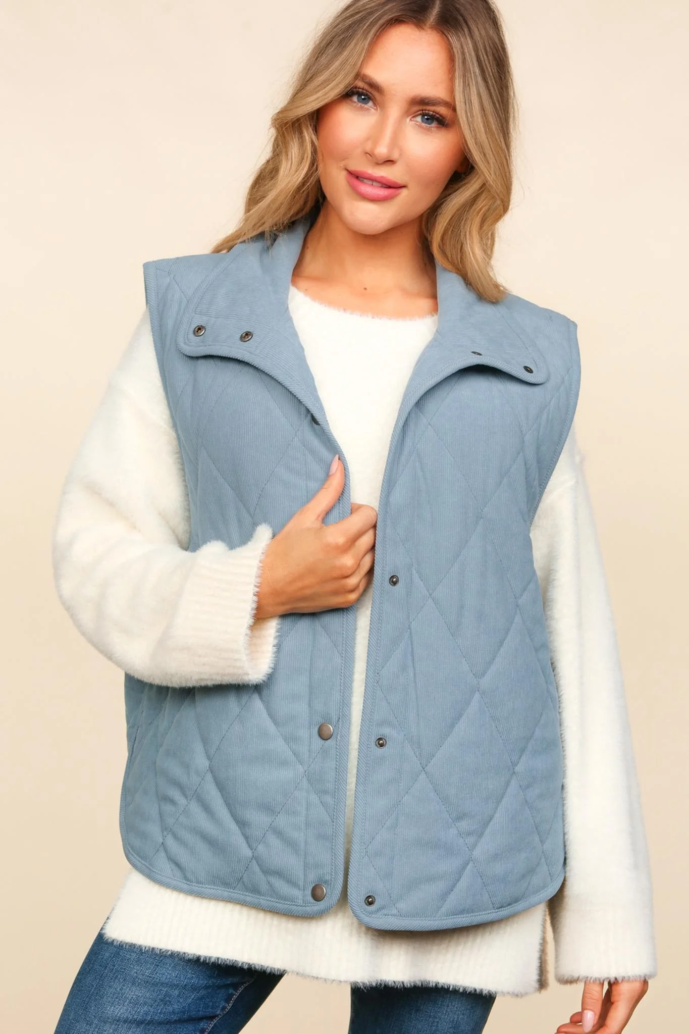 Slat Blue High Neck Sleeveless Snap Button Corduroy Vest