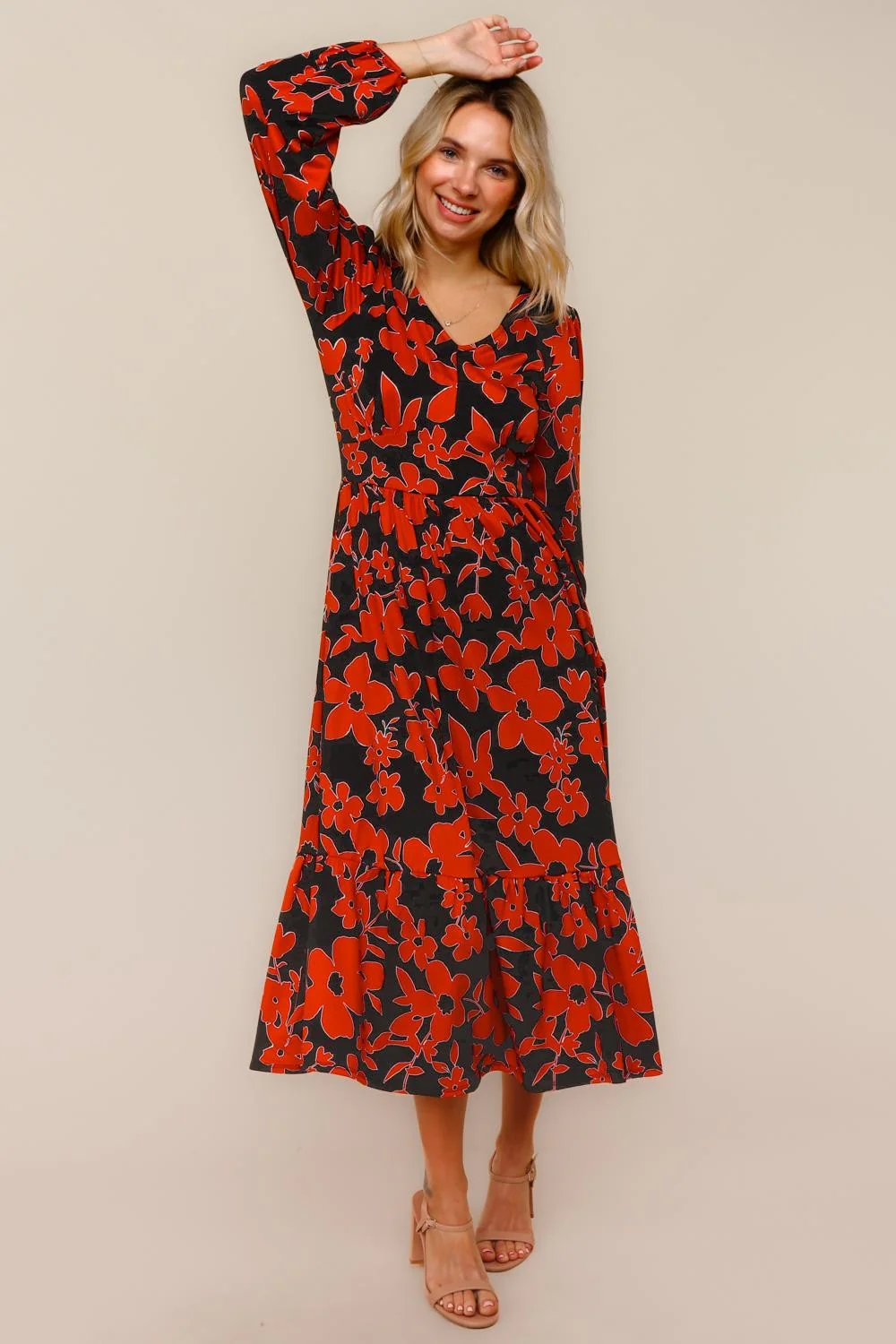 Black/Rust Vintage Floral Midi Ruffle Hem Dress