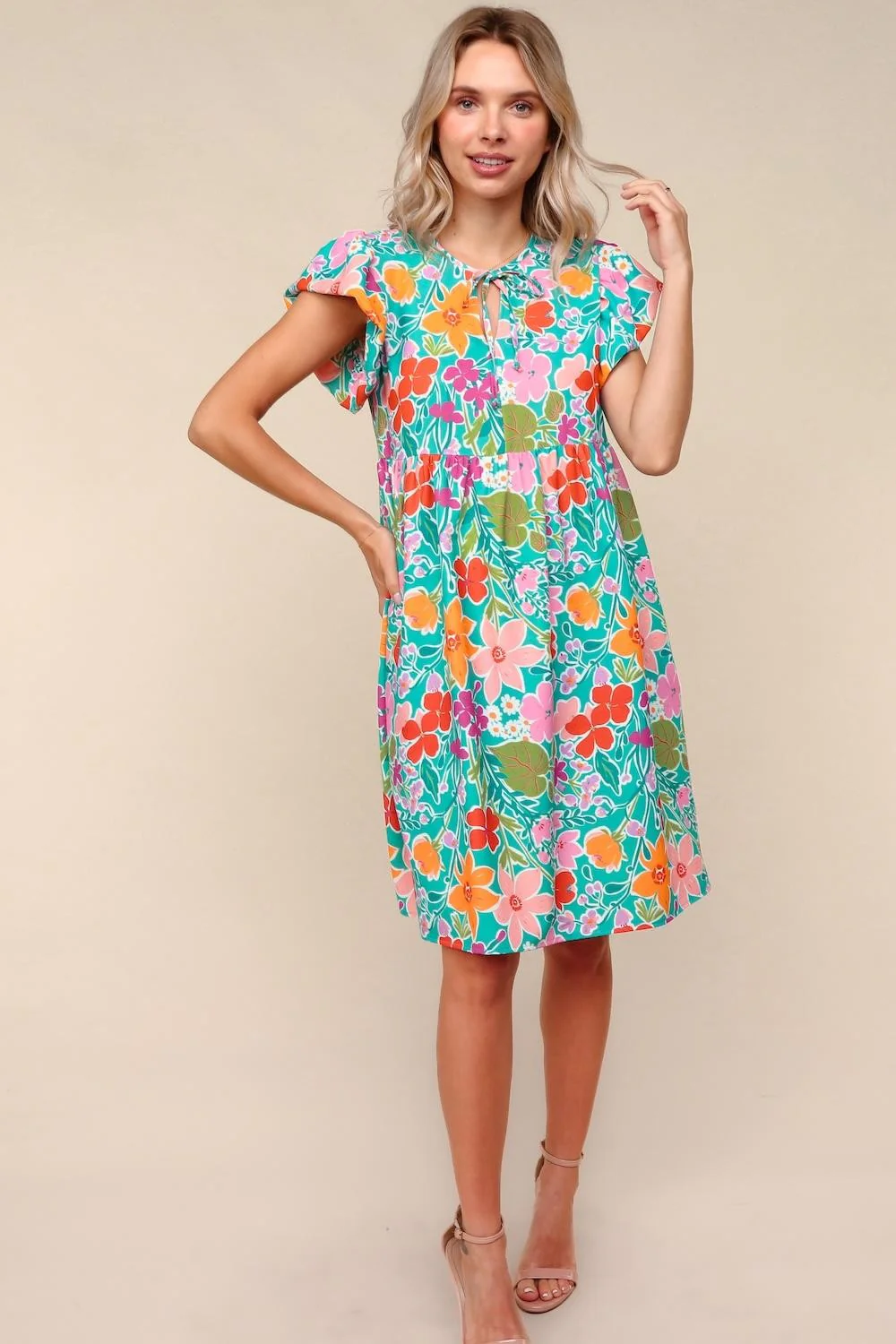 MINT FLORAL KNEE LENGTH DRESS W/ SIDE POCKETS