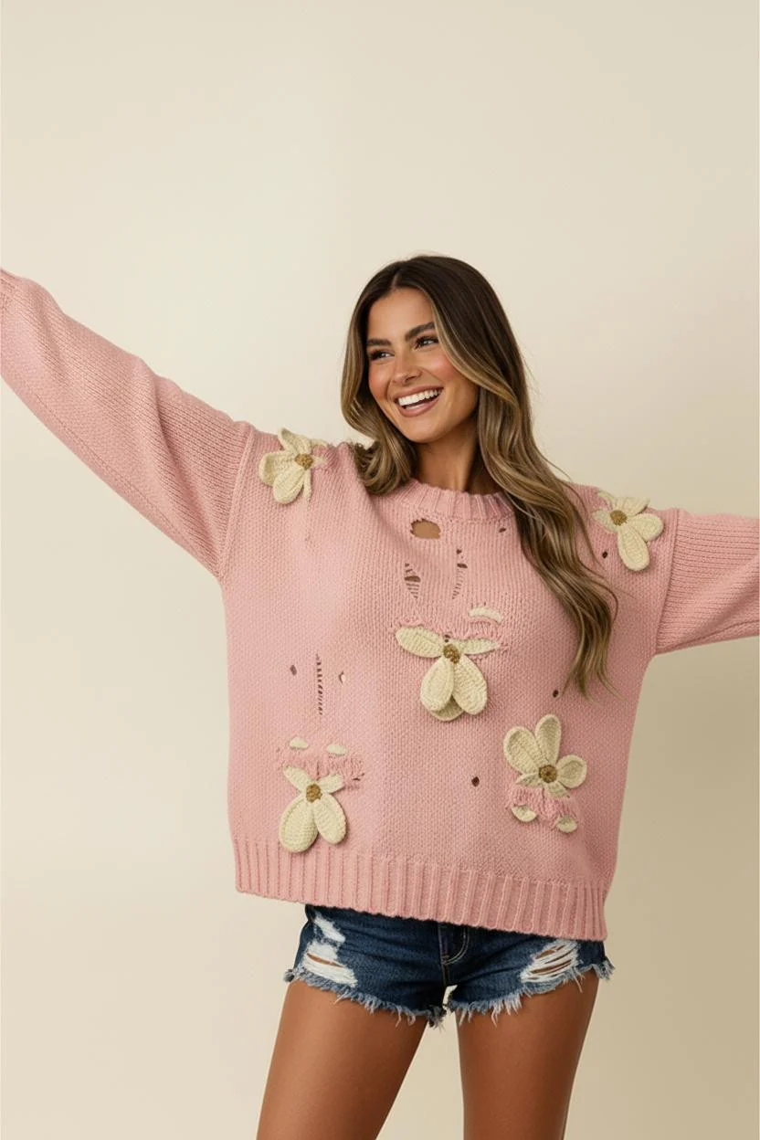 DISTRESSED 3D FLORAL LONG SLEEVE SWEATER