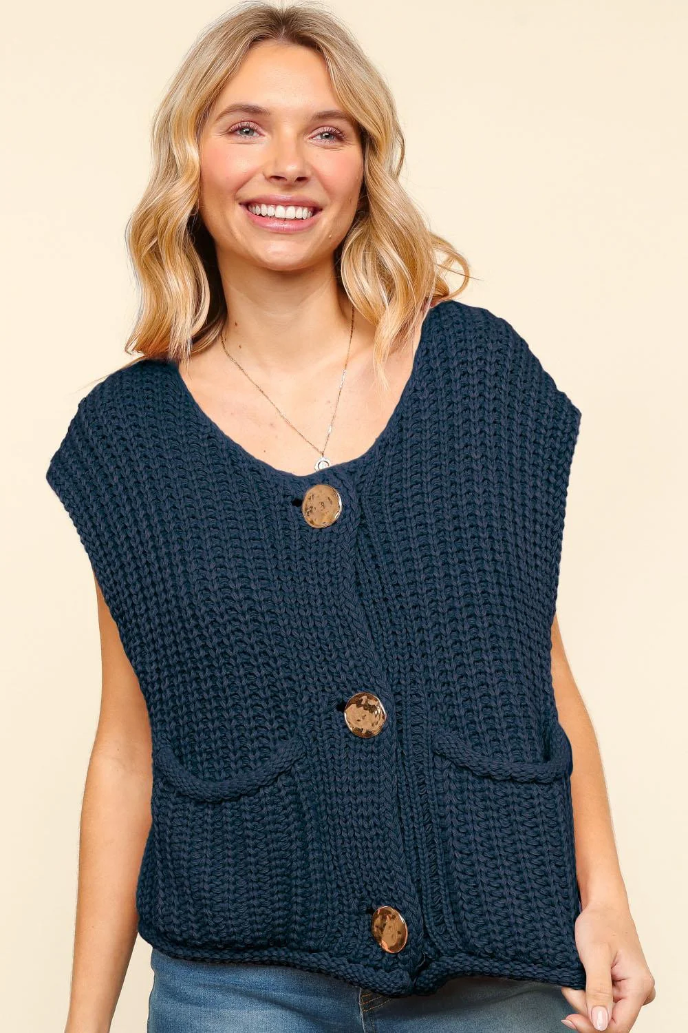 GOLD BUTTON DOWN CHUNKY SWEATER VEST W/POCKET