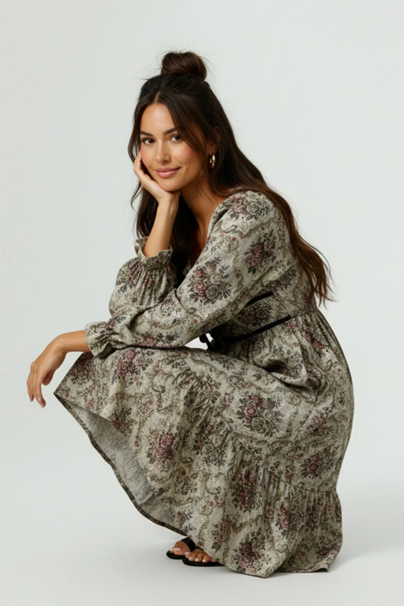 SHIRRED SMOCKING VINTAGE FLORAL PRINT MIDI DRESS