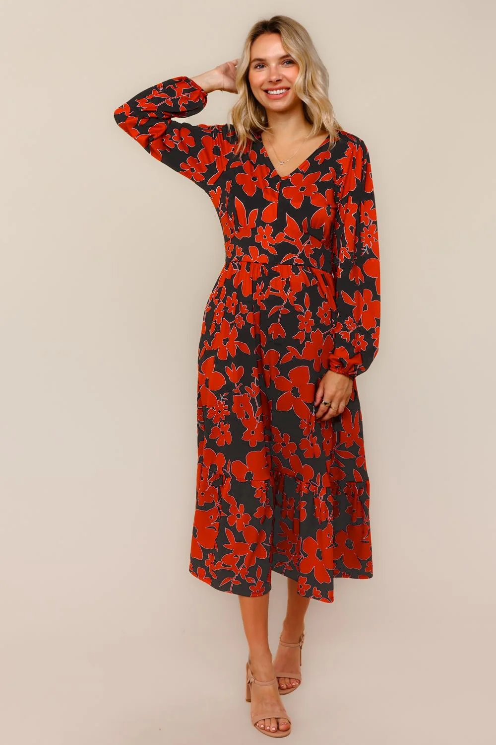 Black/Rust Vintage Floral Midi Ruffle Hem Dress