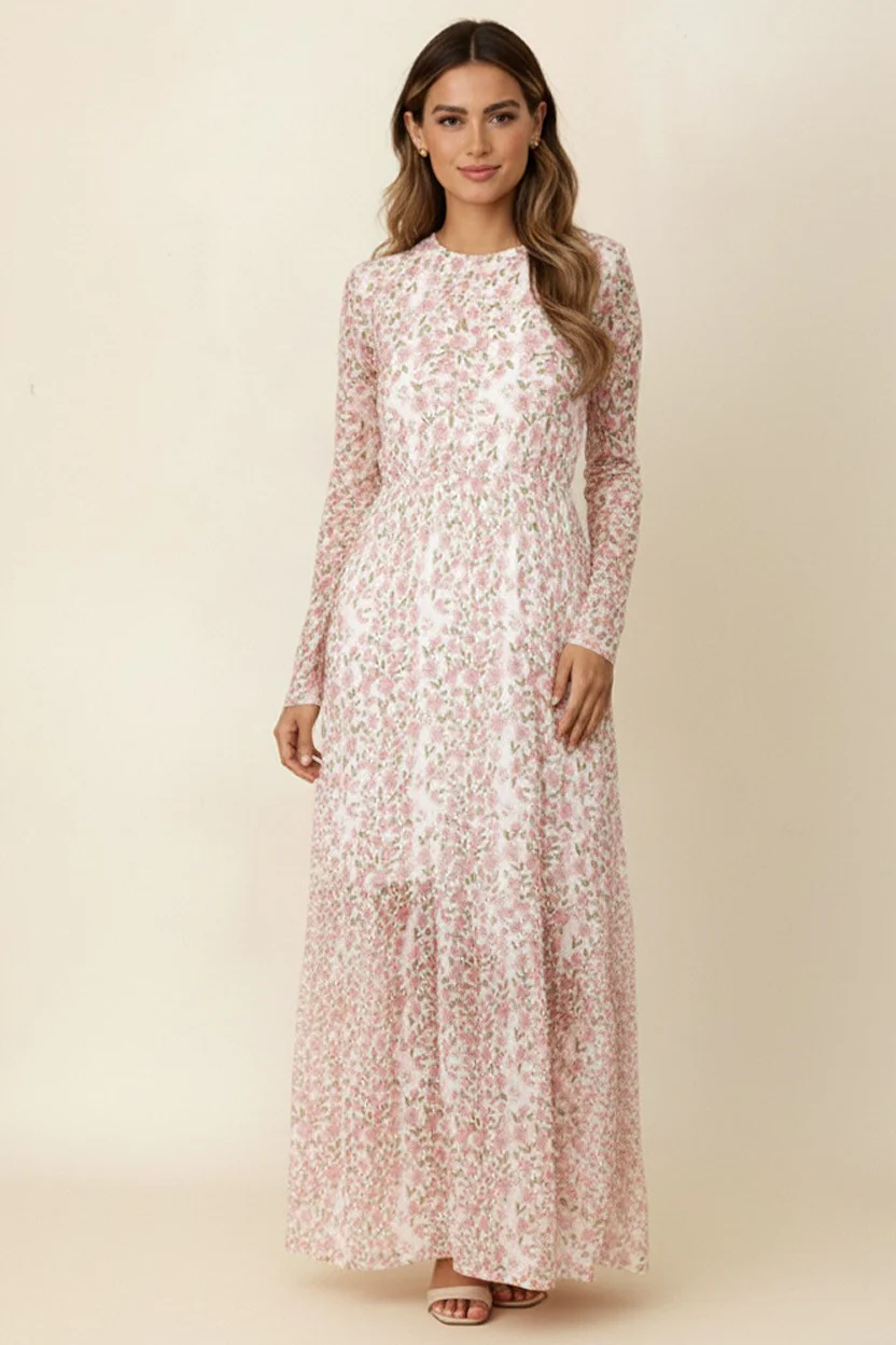 PLUS LONG SLEEVE FLORAL MESH MIDI DRESS