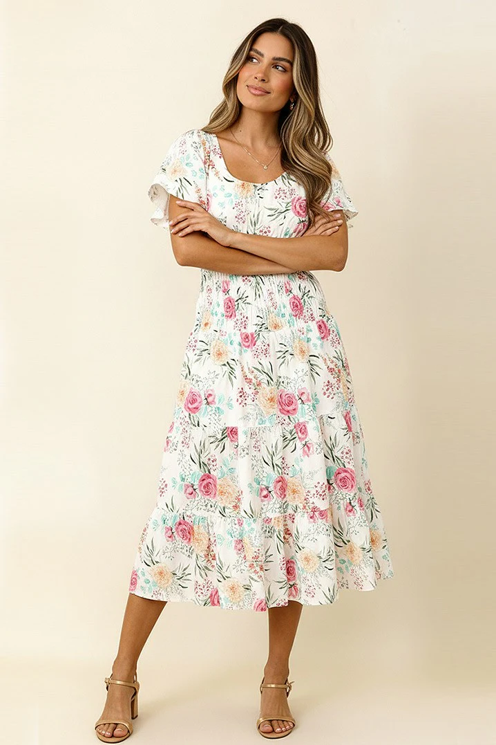 SMOCKED WAIST TIERED FLORAL MIDI LENGTH DRESS