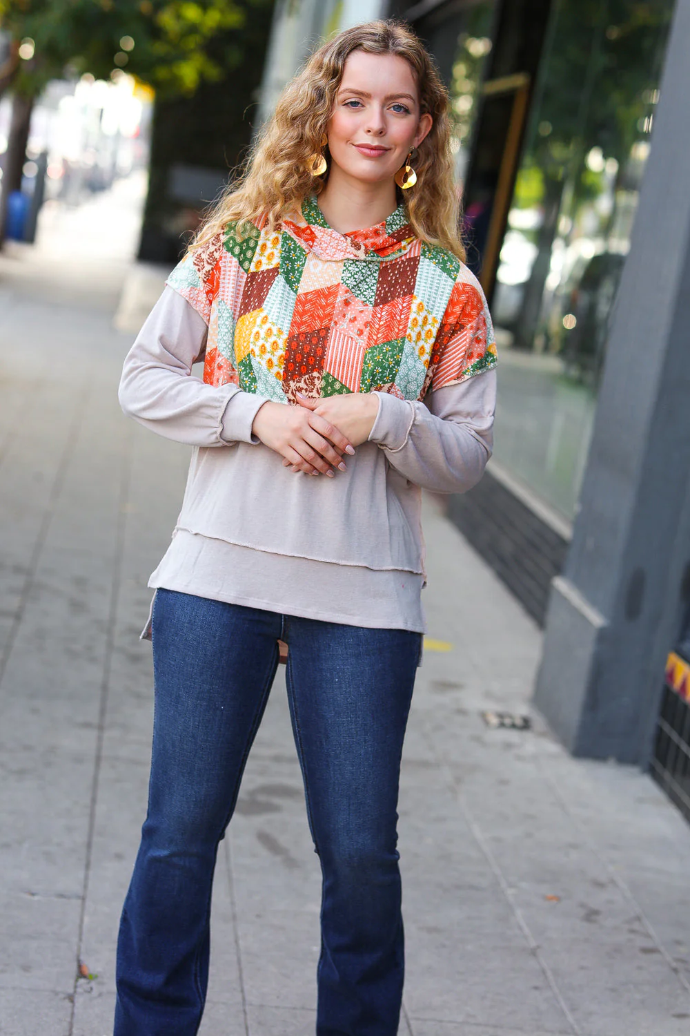 Rust & Olive Patchwork Print Yoke Hoodie Top (Open Pack)