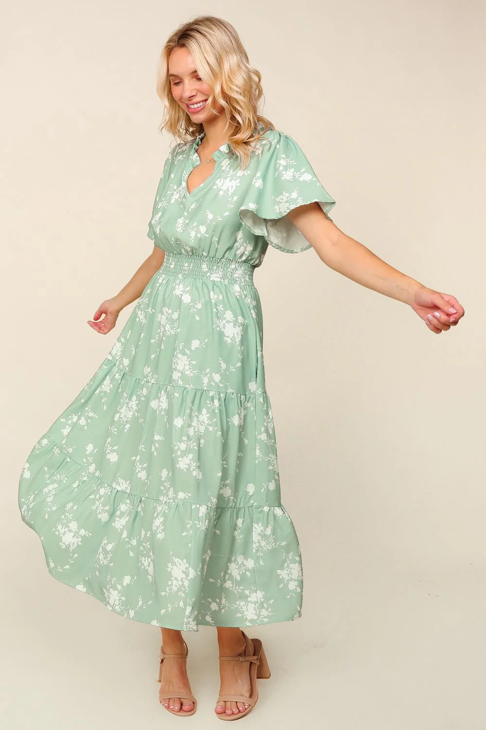 FRILLED NOTCH NECK SMOCKED WAIST FLORAL DRESS