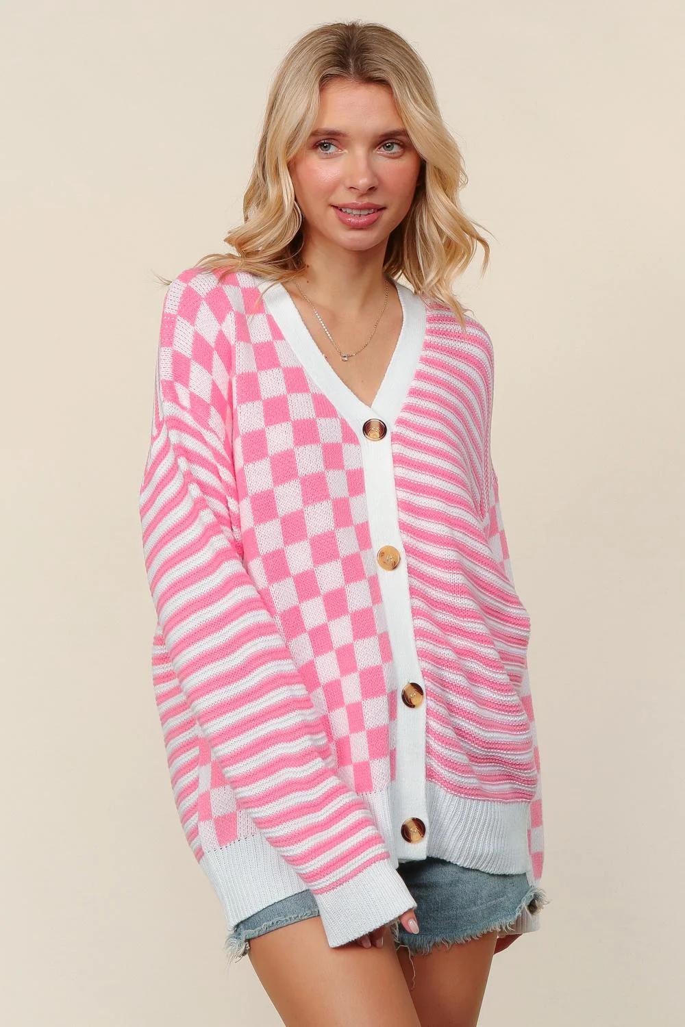 PLUS BUTTON DOWN CHECKER STRIPE SWEATER CARDIGAN